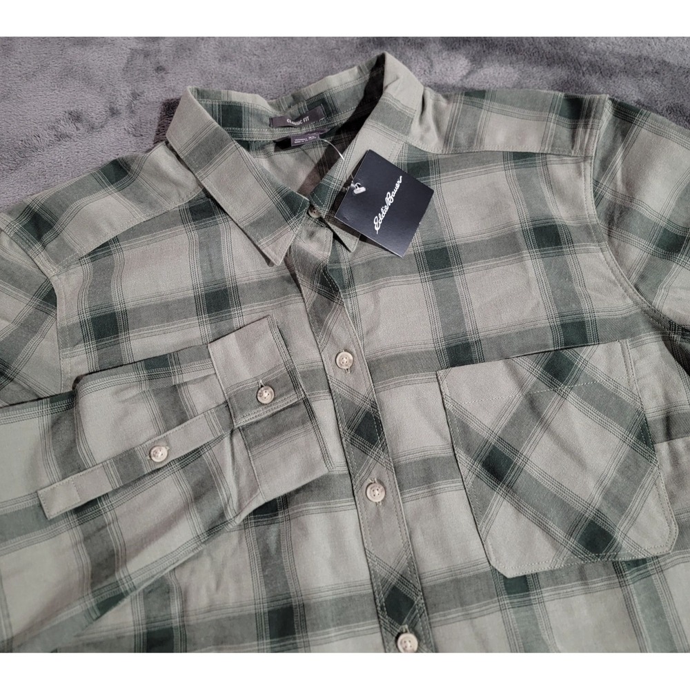 Eddie Bauer Shirt Women XL Green Plaid Twin Falls 2.0 Flannel Outdoor Hiking NWT